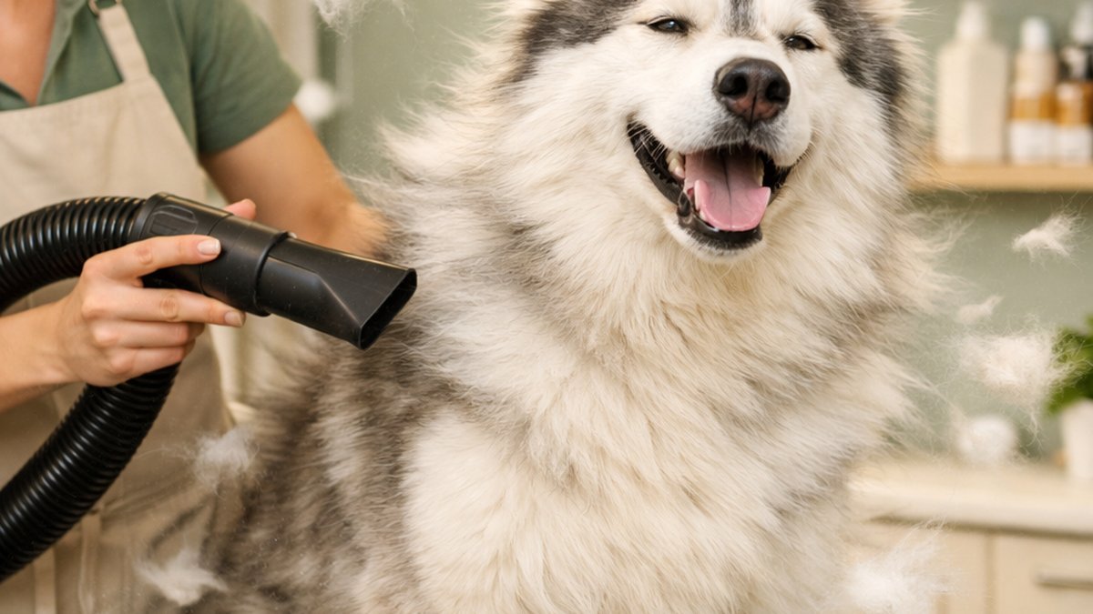 Dog shedding treatment process step by step — deshedding grooming at Robin's Groomingdales Dunwoody: brushing, anti-shed shampoo bath, high-velocity blow dry, finishing brush