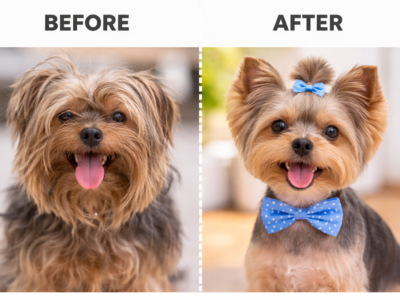 Before and after full dog grooming at Robin's Groomingdales Dunwoody GA &ndash; Goldendoodle transformation