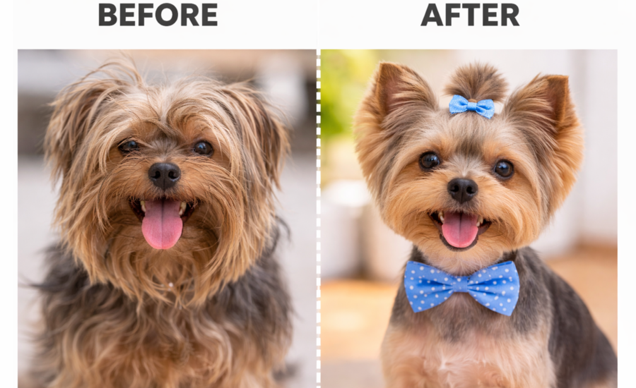 Before and after full dog grooming at Robin's Groomingdales Dunwoody GA – Goldendoodle transformation