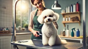 Professional poodle grooming at Robin's Groomingdales Dunwoody GA &mdash; white Miniature Poodle being scissor-trimmed by a certified groomer