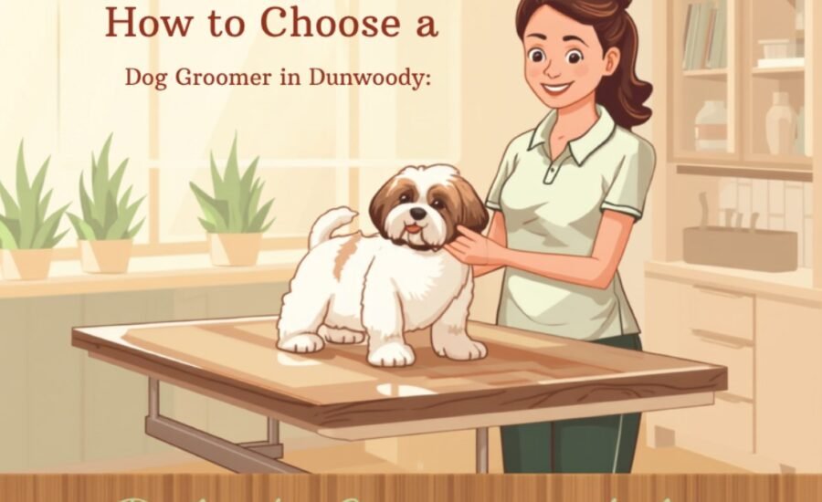 Friendly groomer caring for a small dog in a bright salon, illustrating how to choose a dog groomer in Dunwoody GA