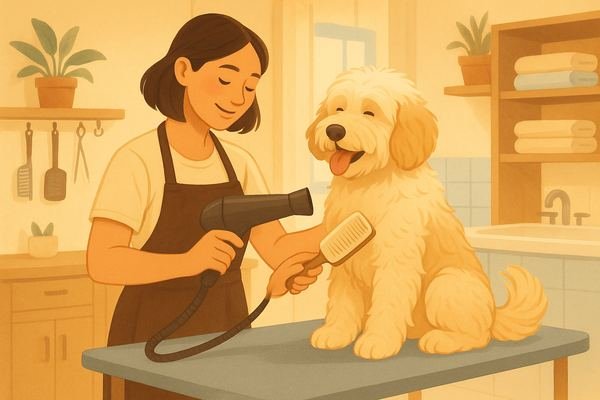 Groomer drying and brushing a golden doodle on a grooming table at Robin's Groomingdales in Dunwoody