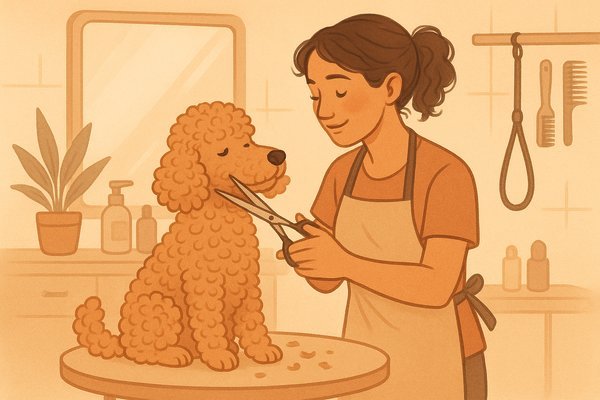 Curly-coated doodle being styled with scissors by a professional groomer, Dunwoody GA salon