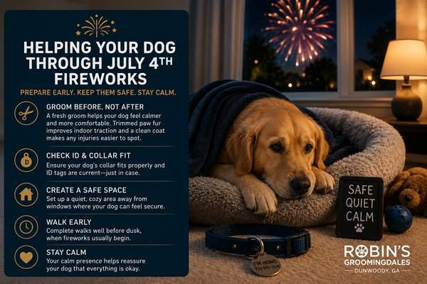 Grooming Before the Fireworks: July 4th Anxiety & Care Tips for Dunwoody Dogs