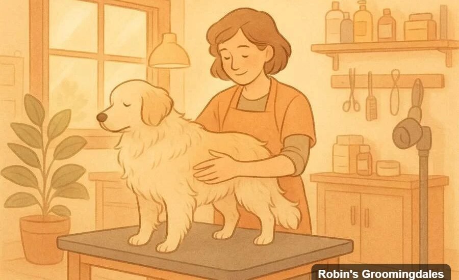 Groomer gently checking a dog's coat and skin before starting a grooming appointment at Robin's Groomingdales in Dunwoody, GA
