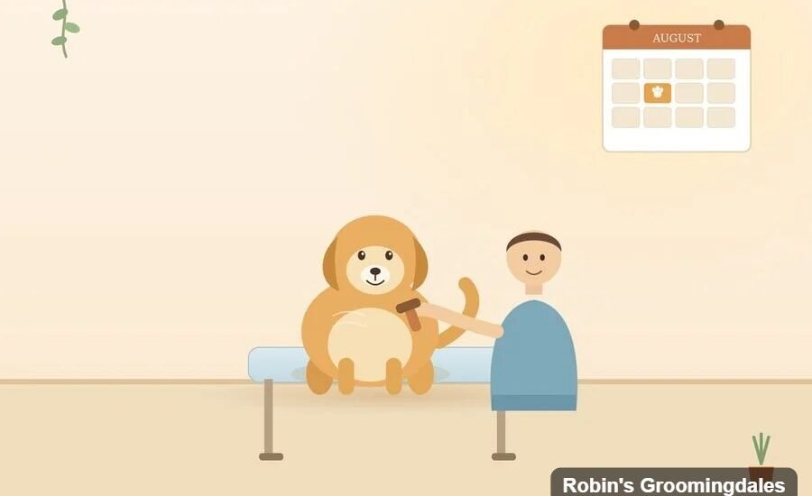 Illustration of a dog groomer brushing a golden retriever on a grooming table with a wall calendar marking a booked August appointment at Robin's Groomingdales in Dunwoody, GA