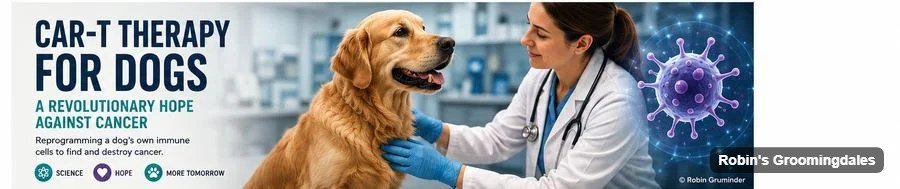 Veterinarian examining a golden retriever, illustrating CAR-T immunotherapy for dogs with cancer