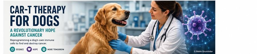 Veterinarian examining a golden retriever, illustrating CAR-T immunotherapy for dogs with cancer