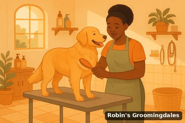 A groomer brushing a golden retriever's coat at Robin's Groomingdales in Dunwoody, GA ahead of the Labor Day weekend rush