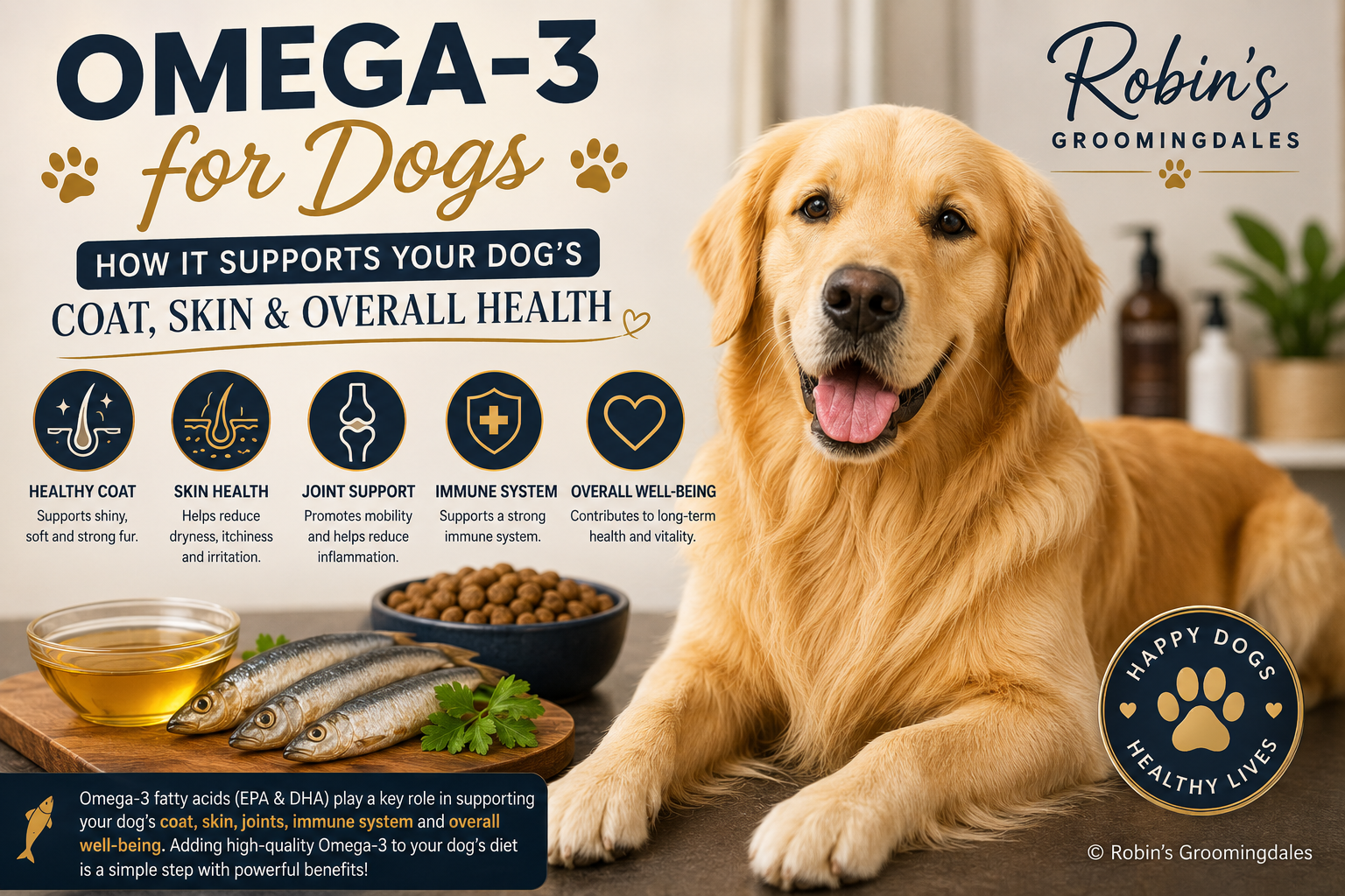 Infographic showing how omega-3 fatty acids support a dog’s coat, skin, joints, immune system, and overall well-being
