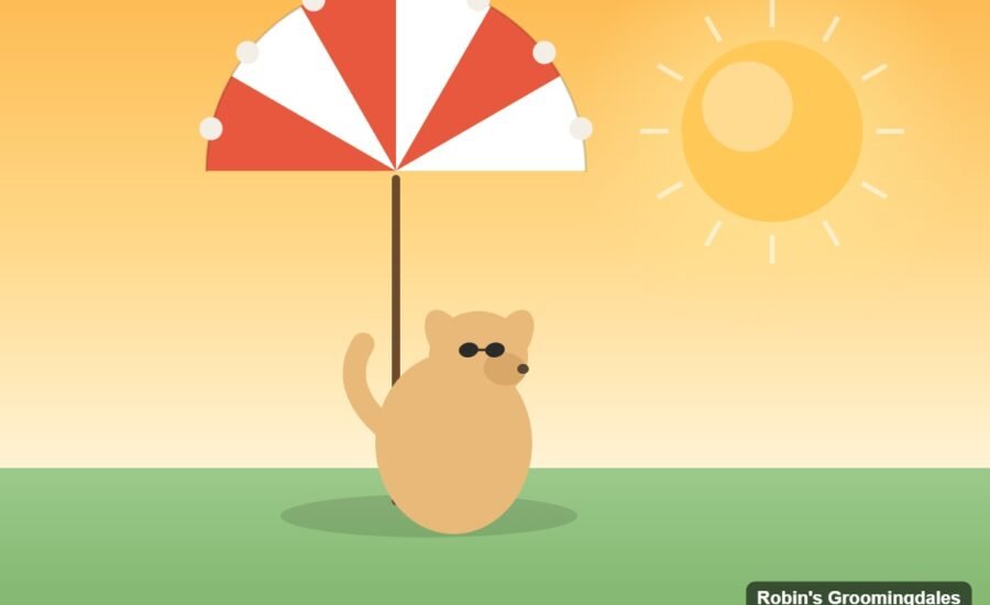 Illustration of a light-coated dog wearing sunglasses resting under a striped beach umbrella for sun protection, Robin's Groomingdales Dunwoody GA