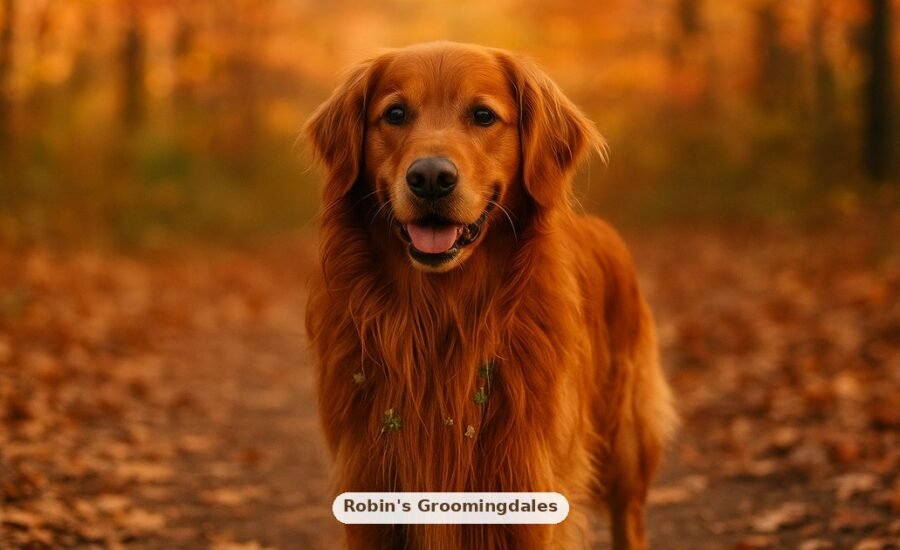 Golden retriever Mocha on a leaf-covered fall trail in Dunwoody with burrs caught in his chest fur, Robin's Groomingdales