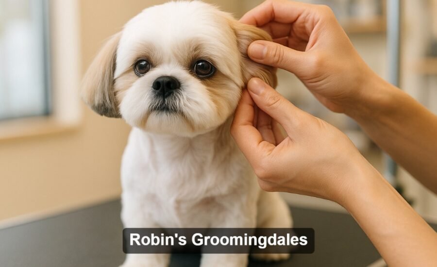 Groomer checking Shih Tzu ears during health check at Robin's Groomingdales in Dunwoody GA