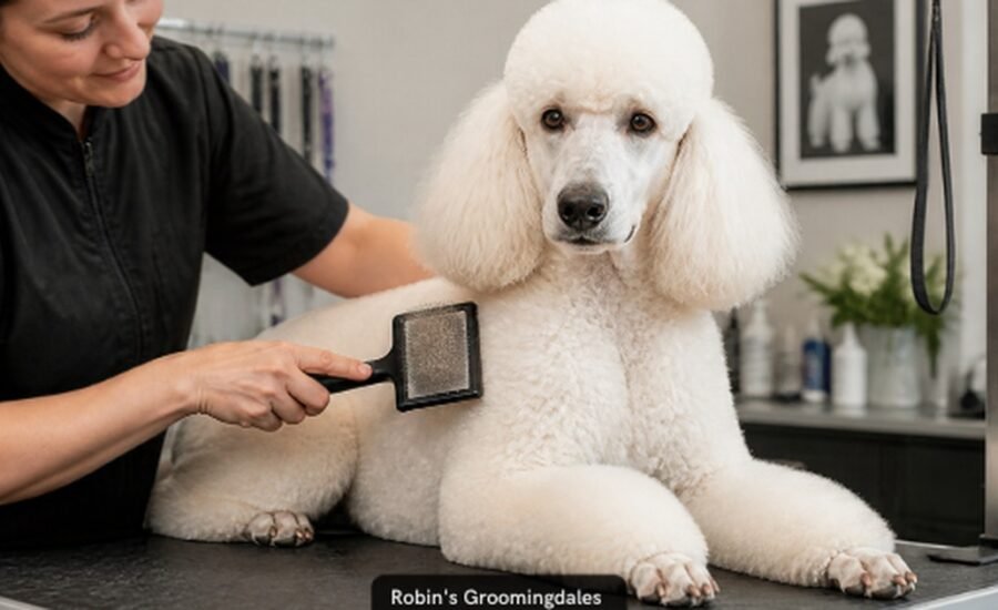 White Standard Poodle being brushed by groomer at Robin s Groomingdales in Dunwoody GA