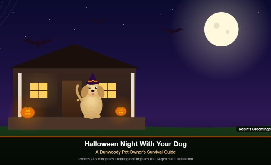 AI-generated illustration of a Goldendoodle wearing a witch hat on a Halloween-decorated porch in Dunwoody, Georgia