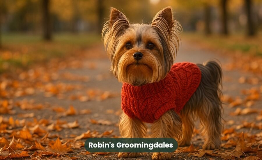 Yorkshire Terrier with a silky coat wearing a red knit sweater on an autumn path, Robin's Groomingdales Dunwoody